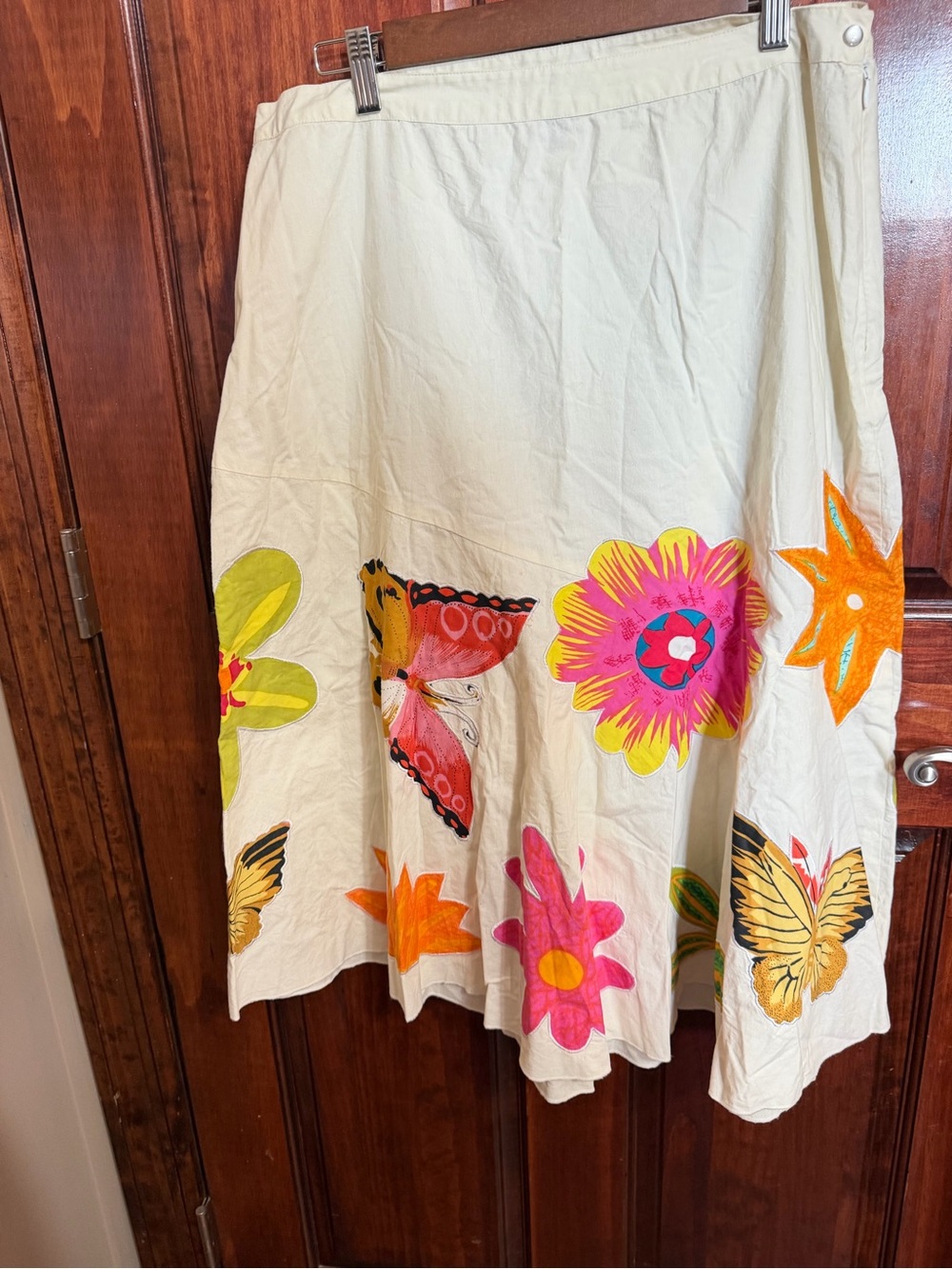Vintage Pure Vida 100% Cotton Skirt Size 12 Colorful Floral Butterfly Appliqué